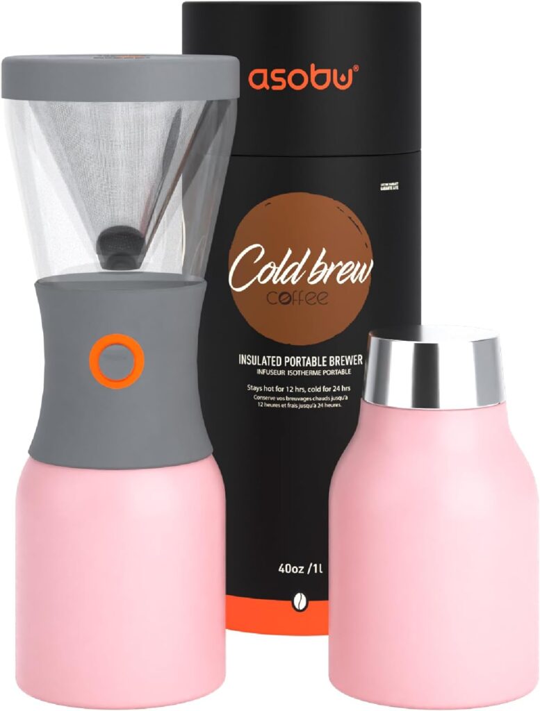 asobu Coldbrew Portable Cold Brew Coffee Maker With a Vacuum Insulated 1 Liter Stainless Steel 18/8 Carafe Bpa Free (Powdered Pink)