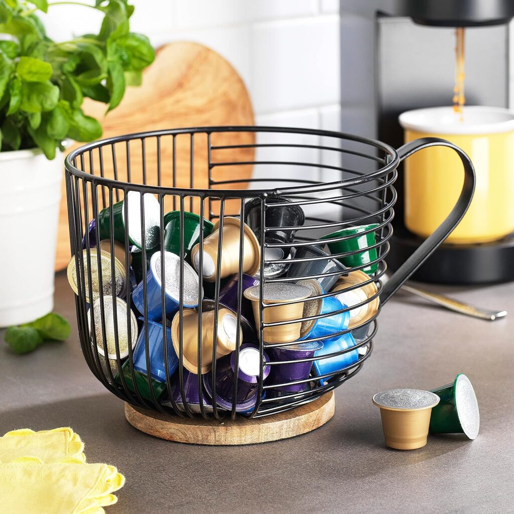 Coffee Pod Holder - Large Capacity Black Wire K Cup Storage with Wooden Base - Modern Coffee Basket Decor for Kitchen Countertop for Keurig Kcups  Espresso Capsules