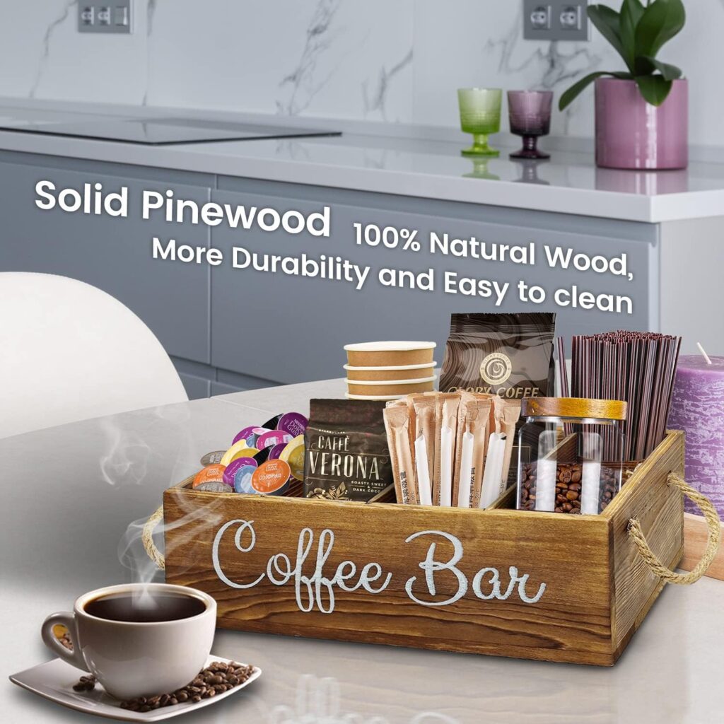 Coffee Station Organizer with Small Removable Dividers, Wooden Coffee Bar Accessories Storage For Countertop, Farmhouse Kcup Coffee Pod Holder Basket With Handle For Coffee Lover