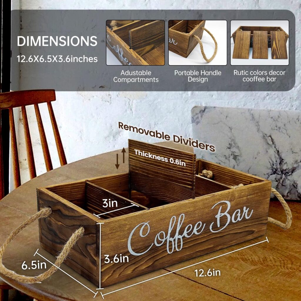 Coffee Station Organizer with Small Removable Dividers, Wooden Coffee Bar Accessories Storage For Countertop, Farmhouse Kcup Coffee Pod Holder Basket With Handle For Coffee Lover