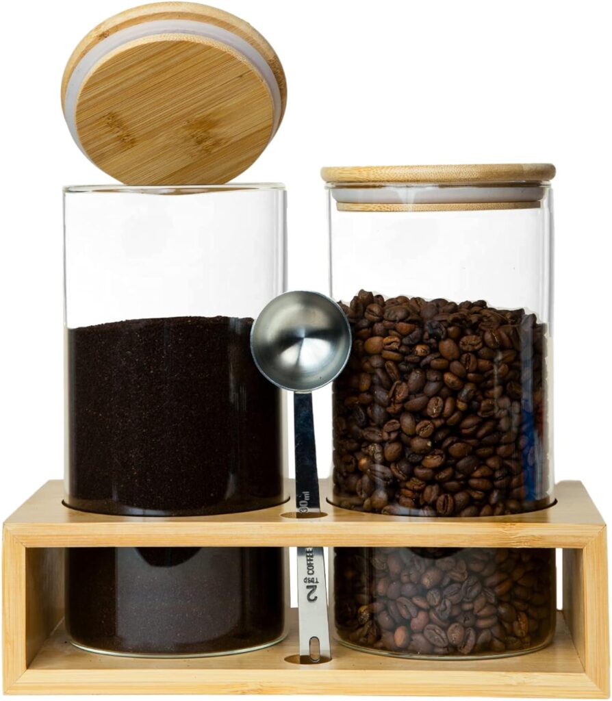 Glass Coffee Containers With Shelf, Coffee Bar Organizer And Accessories, Coffee Jars With Spoon, 2x 49oz Coffee Bean Storage Airtight Sealed Coffee Canister For Coffee Bean, Ground Coffee, Nuts