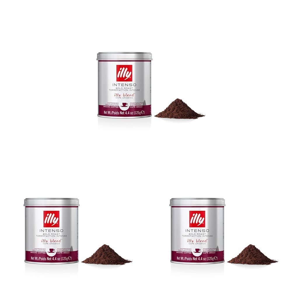 illy Intenso Espresso Ground Coffee, Dark Roast, Robust and Full Flavored With Notes of Deep Cocoa, All-Natural, No Preservatives, 4.4oz (Pack of 3)