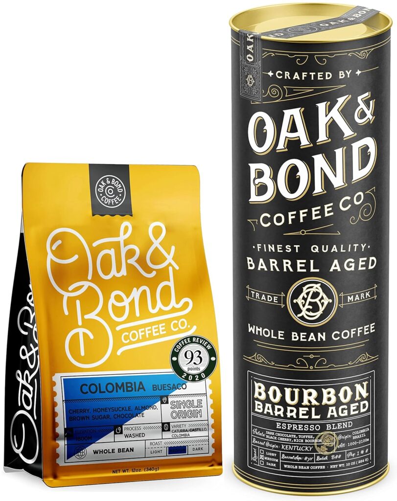 Oak  Bond Coffee Co. Colombia Single Origin and Espresso Bourbon Barrel Aged Coffee Bundle, Whole Bean Arabica - 22oz. Total