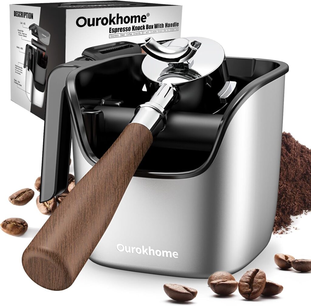 Ourokhome Knock Box Espresso Accessories, The Latest Patented Stainless Steel Espresso Machine Tool for Coffee Ground with Removable Knock Bar, Handle and Lid, Dishwasher safe, 4.8 inch