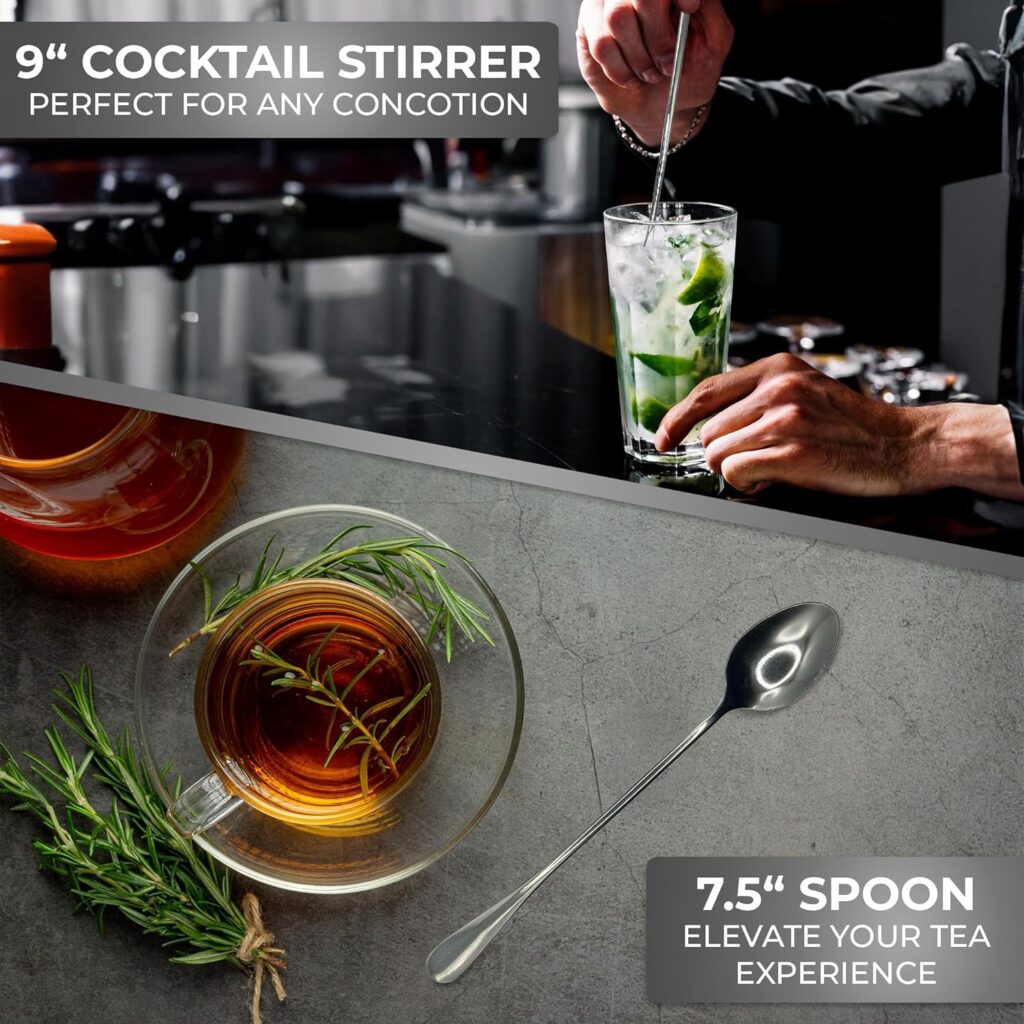 Stainless Steel Coffee Stirring Spoons Set - Beverage Mixing Stir Spoons for Coffee Bar - Includes Long Iced Tea Stirring Spoon, Small Cocktail Stirrer, Blender Ball Swivel Stick, Coffee Scoop  Bag