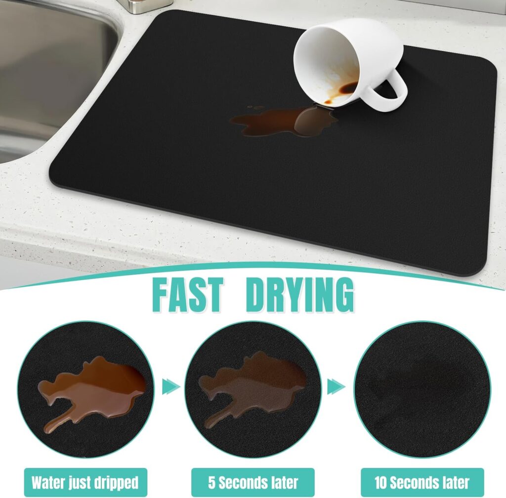 WISELIFE Coffee Mat Super Absorbent Dish Drying Mat Coffee Bar Accessories Match with Coffee Maker Coffee Machine Coffee Pot Large Drying Mats for Kitchen Counter 12 W x 19 L, Black